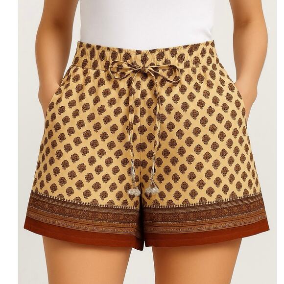 Junglee Billee Boho Cream & Rust Print Shorts w/ Crystal Beaded Tie - Picture 1 of 6